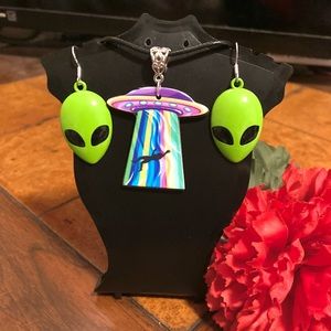 Colorful UFO Spaceship Human Abduction Pendant Necklace w/ Green Alien Earrings
